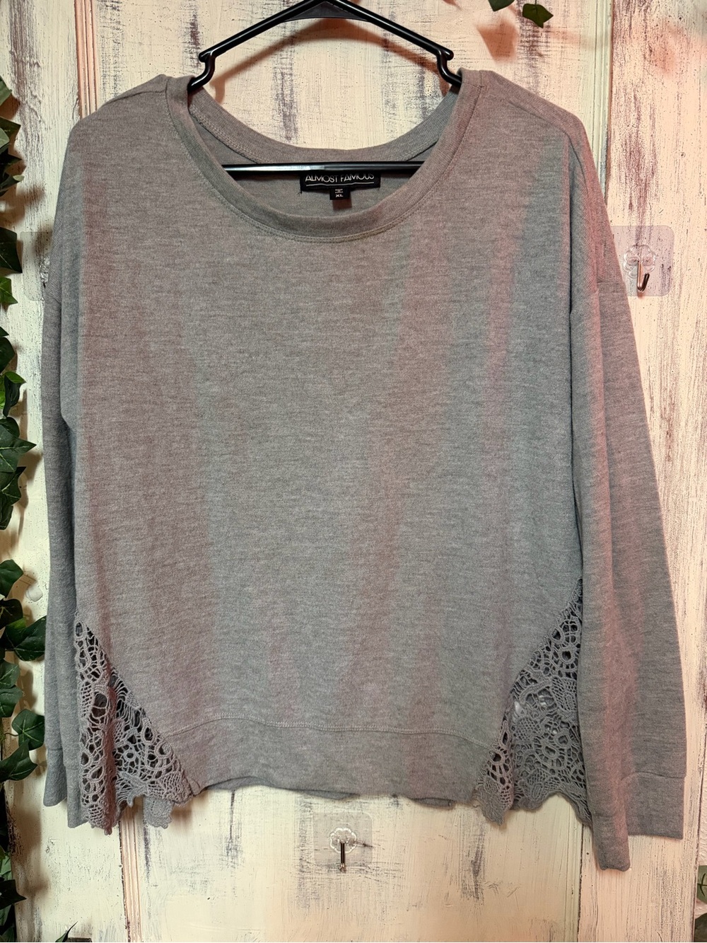 Gray Crochet-Hem Long Sleeve Top 103LS